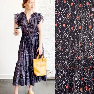 Ulla Johnson 2 Linea $470 Ruffle Midi Dress Cotton Puff Shoulder Maxi Navy Blue